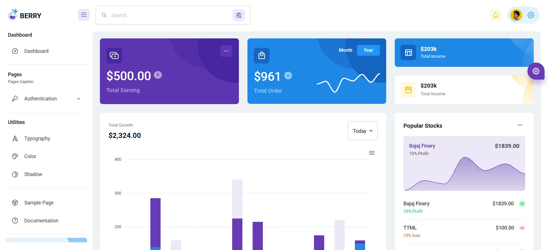 Berry dashboard with earnings and growth charts